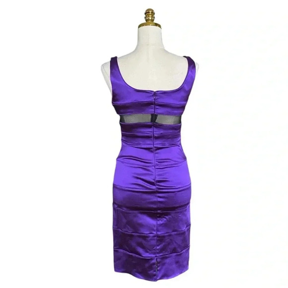 BEBE Women’s Purple Sleeveless Mesh Cutout Satin Bodycon Cocktail Dress Small - Picture 4 of 12